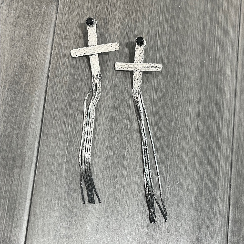 Cross Tassel Earrings in Silver with Black Stone